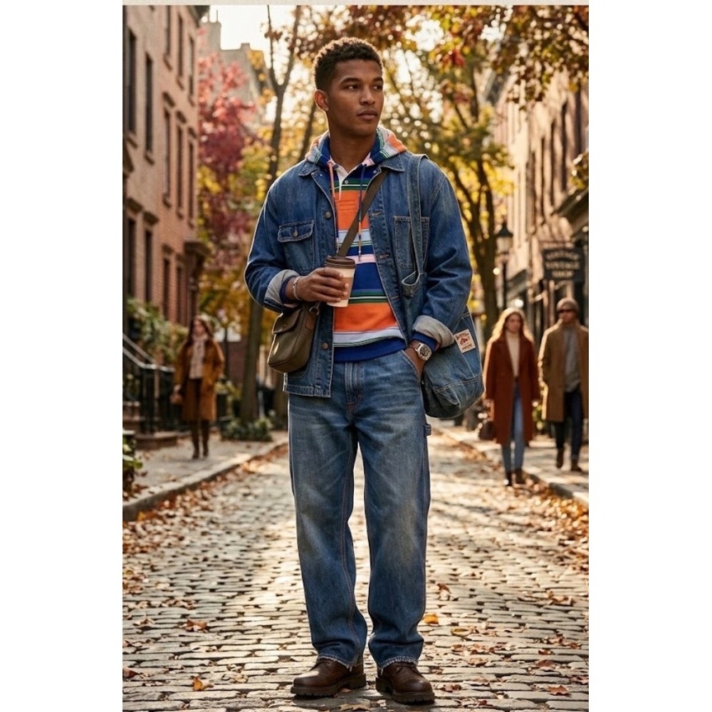 Polo Ralph Lauren Mens Large Hooded T-Shirt Classic Fit Striped Orange Blue L